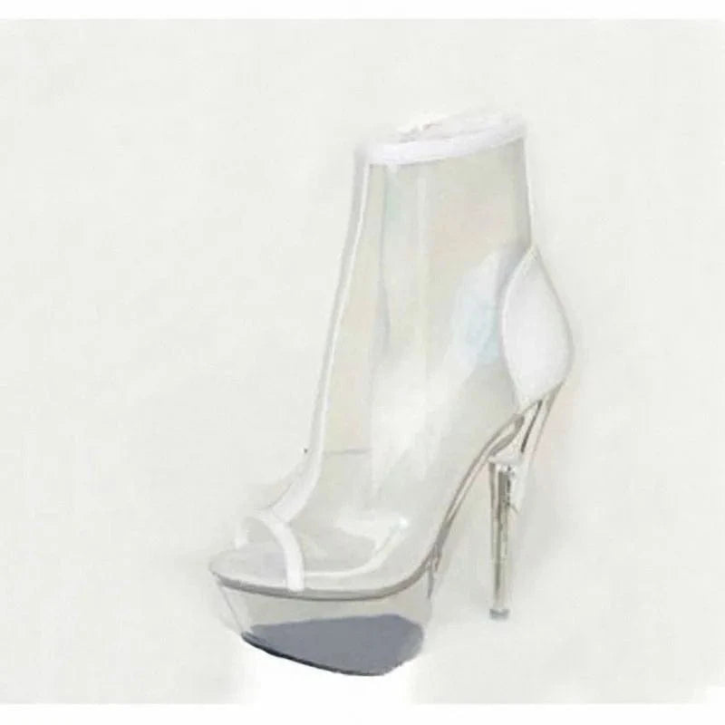 9 / White Crystal transparent bottom with fish mouth nude boots Sexy Pole Dance 15 cm high heel short boots fashion boots