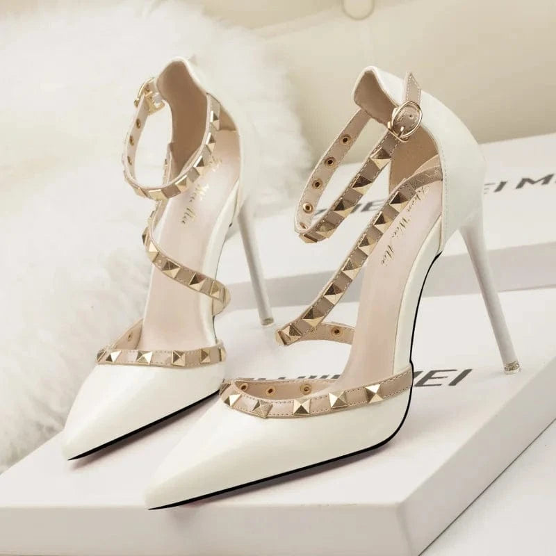 9 / White Drop shipping Sexy nightclub stiletto women high heels shallow mouth pointed rivet hollow sandals