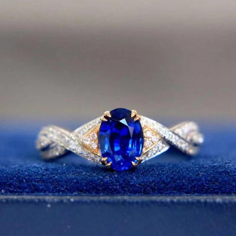 9 / White Two tones lab grown 1.5CT oval Royal Blue Sapphire Moissanite Diamonds twist band 14K Gold gift rings jewelry