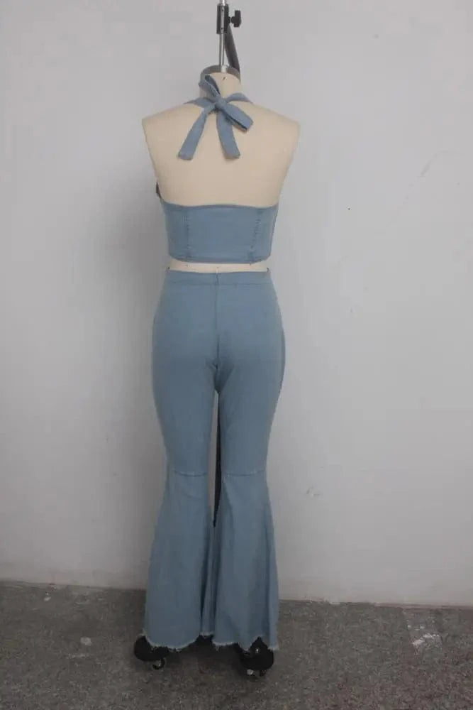 90903-MX44 halter design boot cut wide straight jeans women denim two pieces set