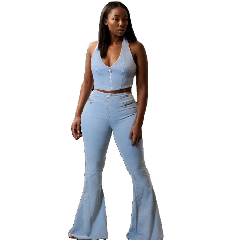 90903-MX44 halter design boot cut wide straight jeans women denim two pieces set