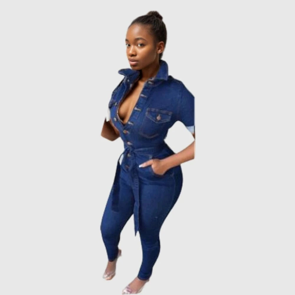90906-MX47 dark blue belted denim jumpsuits womens jeans