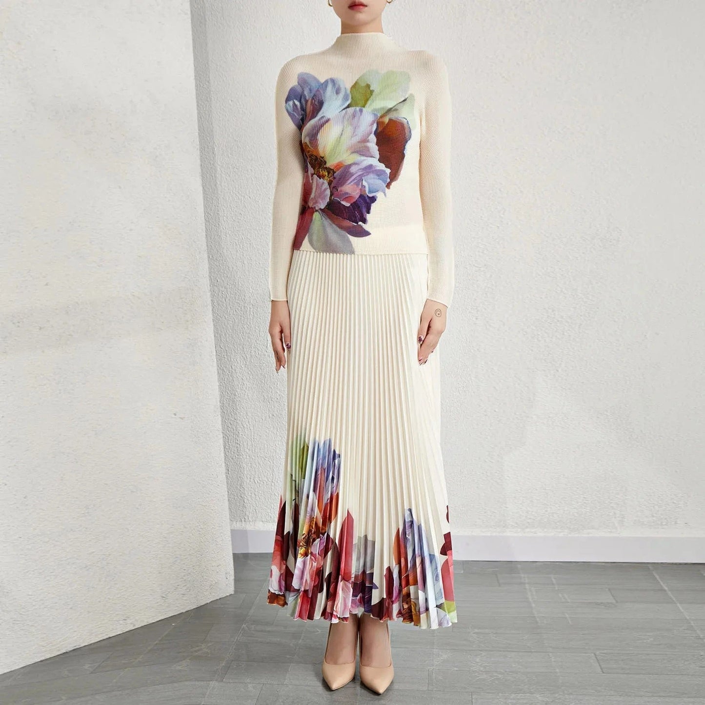 90cm / Beige 2024 Latest Pattern High Quality Women Elastic Stretch Free Size Fashion Print Womens 2 Piece Outfit Two Piece Sets