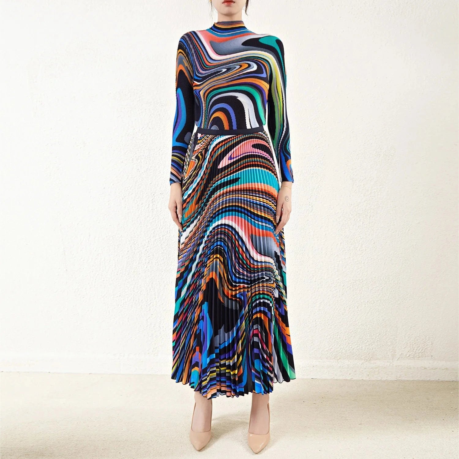 90cm / Black 2024 High Quality Miyake Pleated Printed Stretch Top and Long Pleated Skirt One Size Accepts Customized Skirt and Shirt Sets