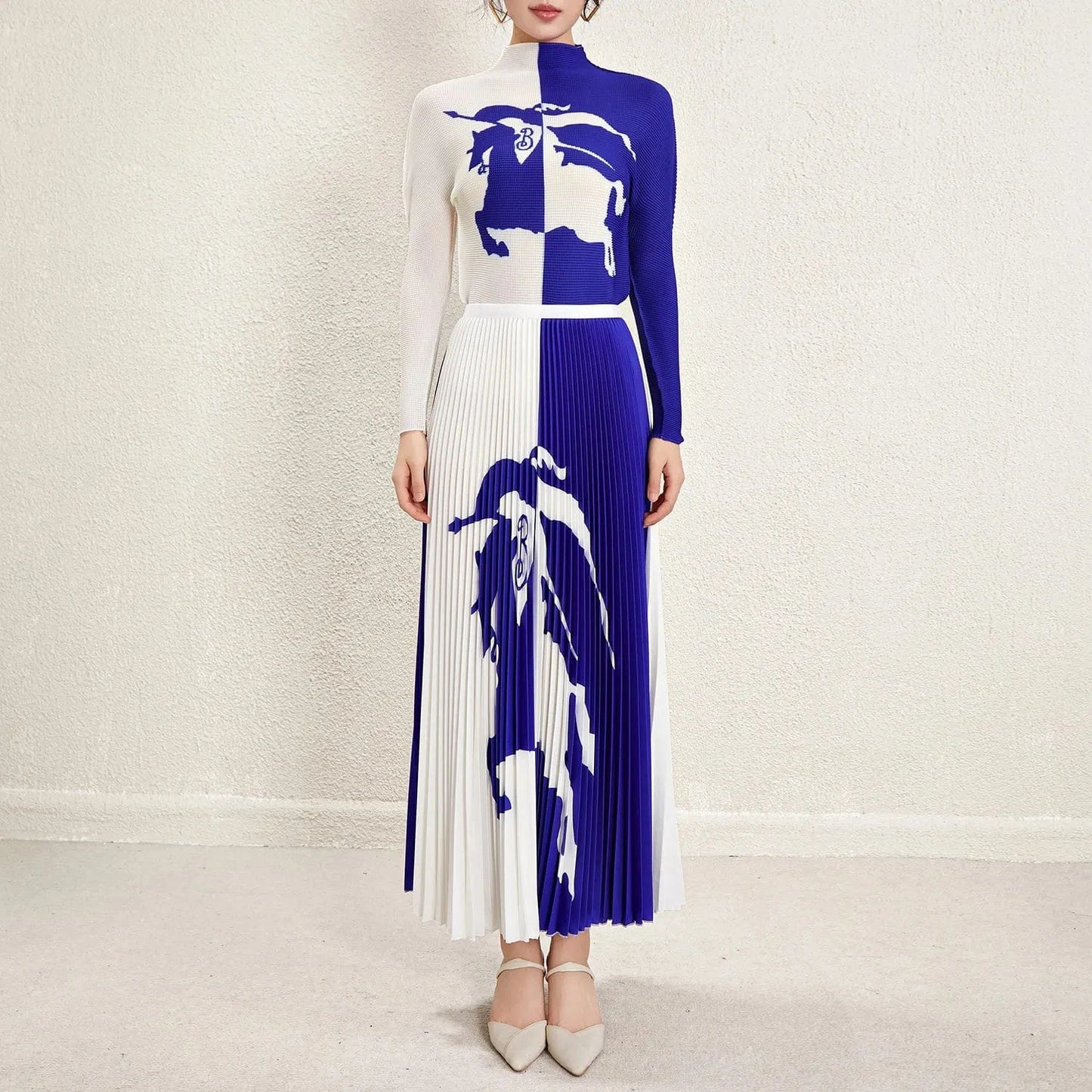 90cm / Blue 2024 Wholesale Pleated Skirt Set Accepts Customized Printed Long-sleeved Top Printed Long Pleated Skirt Two-piece Set