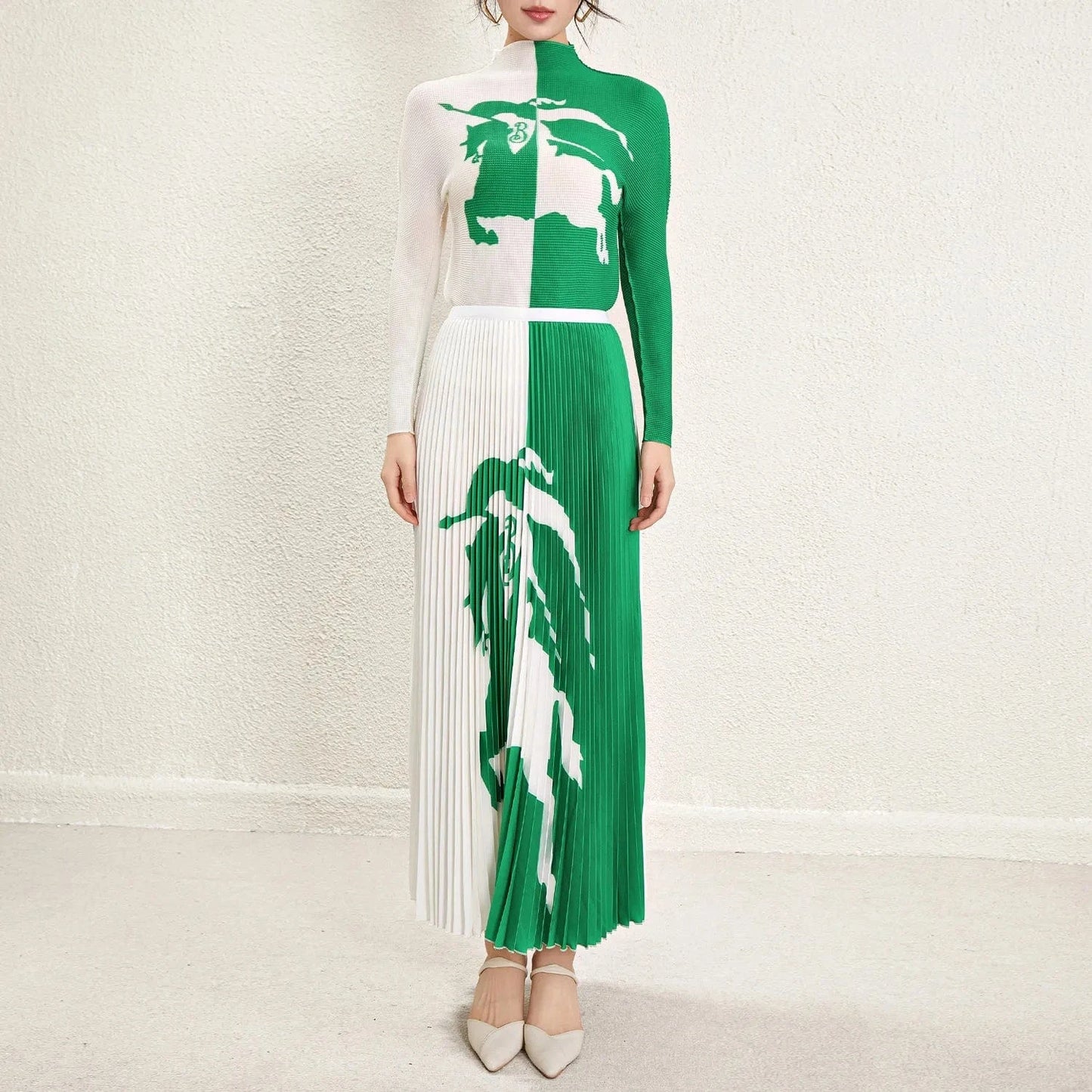 90cm / MINT 2024 Wholesale Pleated Skirt Set Accepts Customized Printed Long-sleeved Top Printed Long Pleated Skirt Two-piece Set