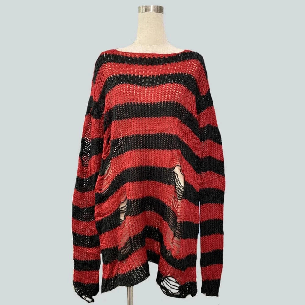 90s Goth Punk Women Street Fashion Stripe Loose Gothic Knitted Ripped Distressed Design Jumper Oversized Pullovers Top Sweater