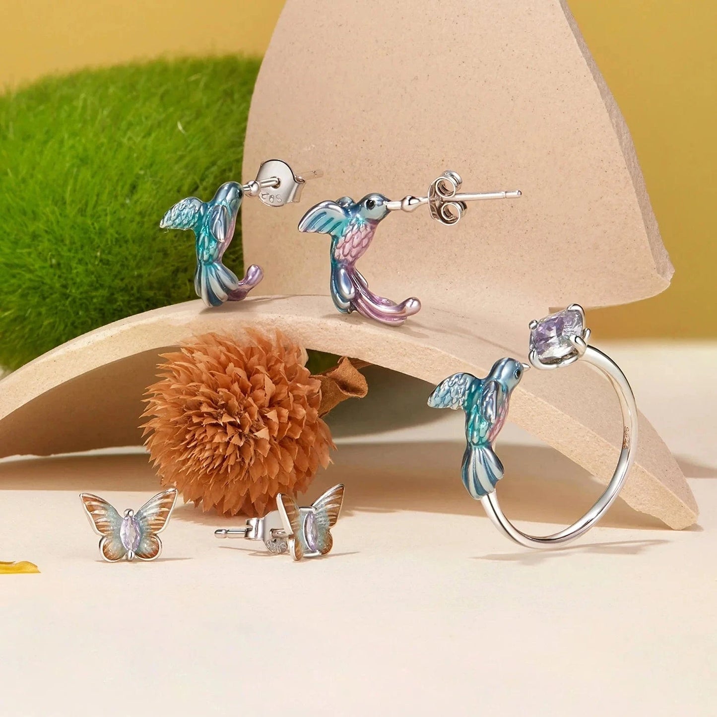 925 Sterling Silver Fashion Jewelry Sets Fine Jewelry Making Wholesale Blossom Cherry Butterfly&Kingfisher Stud Earring&Ring Set