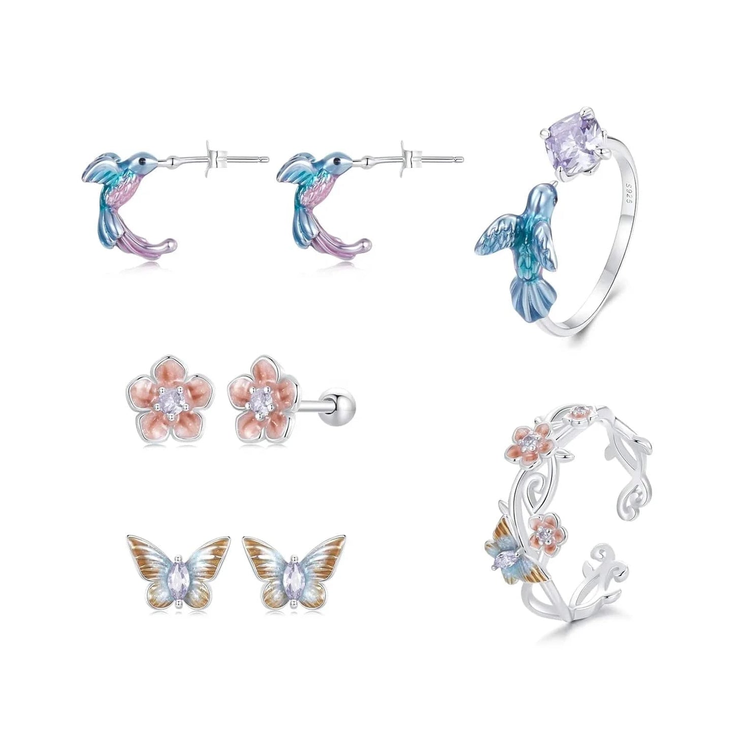 925 Sterling Silver Fashion Jewelry Sets Fine Jewelry Making Wholesale Blossom Cherry Butterfly&Kingfisher Stud Earring&Ring Set
