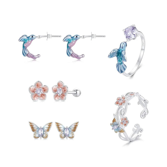 925 Sterling Silver Fashion Jewelry Sets Fine Jewelry Making Wholesale Blossom Cherry Butterfly&Kingfisher Stud Earring&Ring Set