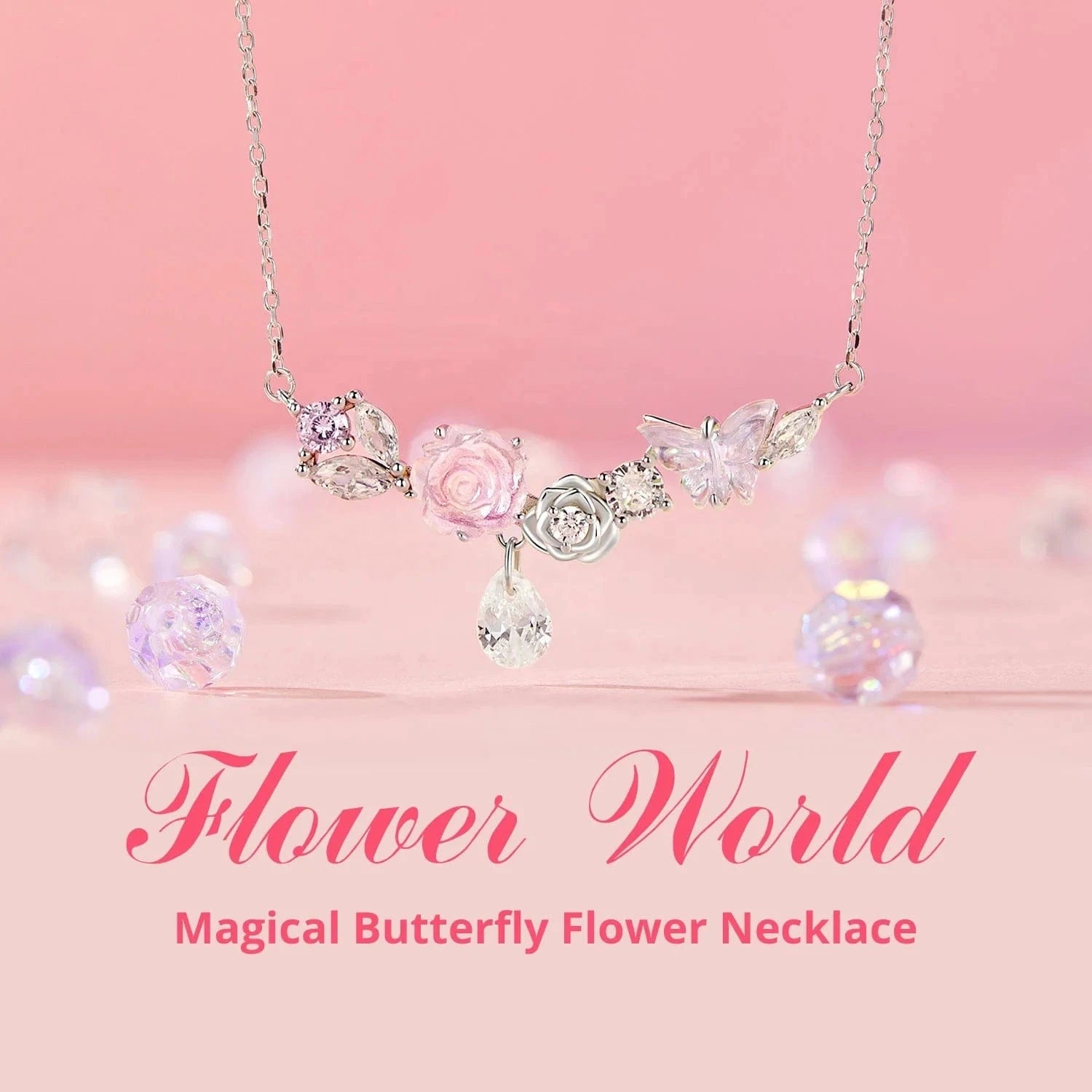 925 Sterling Silver Fashion Jewelry Sets Fine Jewelry Making Wholesale Fantasy Pink Butterfly Flower Necklace Ring Earrings Set