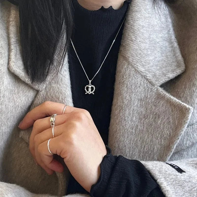 925 Sterling Silver Geometric Hollow Twist Heart Shape Pendant Necklace For Women Gifts Jewelry