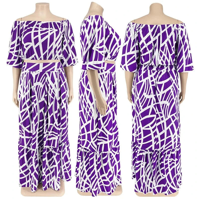 9423 2024 New Design Chic Printed Ladies Crop Top Blouse And Maxi Skirts With Pockets Summer Fashion 2 Piece Vacation Outfits