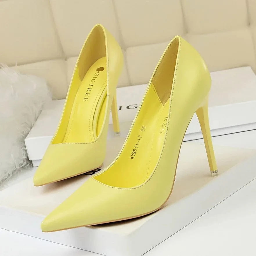 9511-17 Trendy Simple Stiletto Ladies Heel Shoes Splicing Pointy With Shallow Tops Office Ladies Thin High Heels Shoes For Women