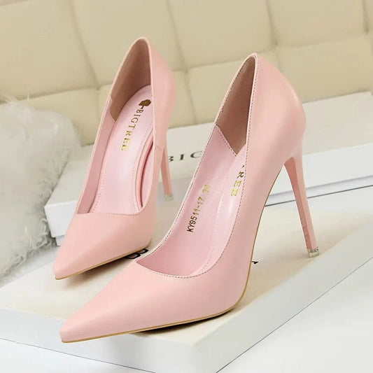 9511-17 Trendy Simple Stiletto Ladies Heel Shoes Splicing Pointy With Shallow Tops Office Ladies Thin High Heels Shoes For Women