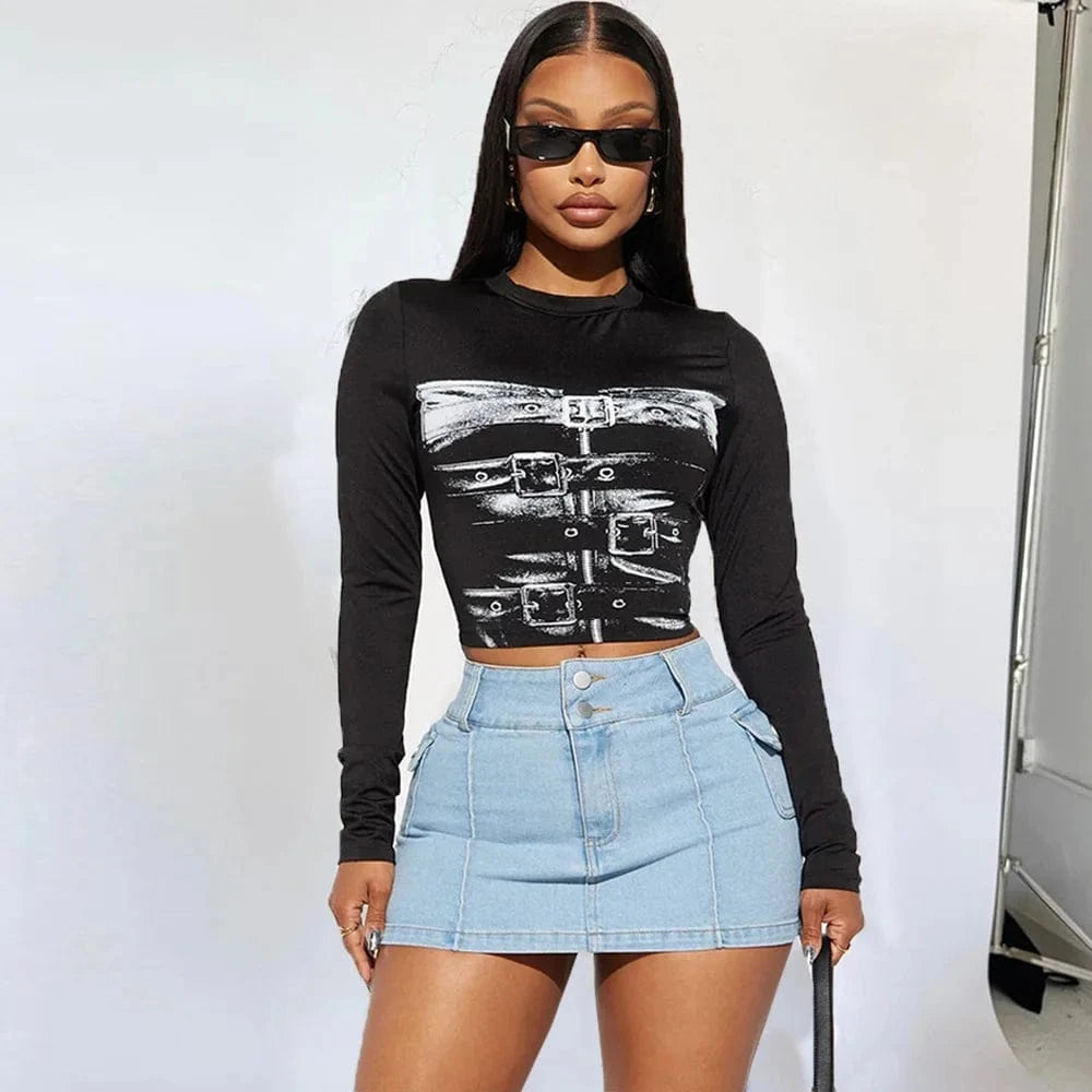 9644td 2024 Fall New Arrivals Women's Two Piece Casual Suit Printed Sexy Long Sleeve Crop Tops Mini Skirt Set For Women