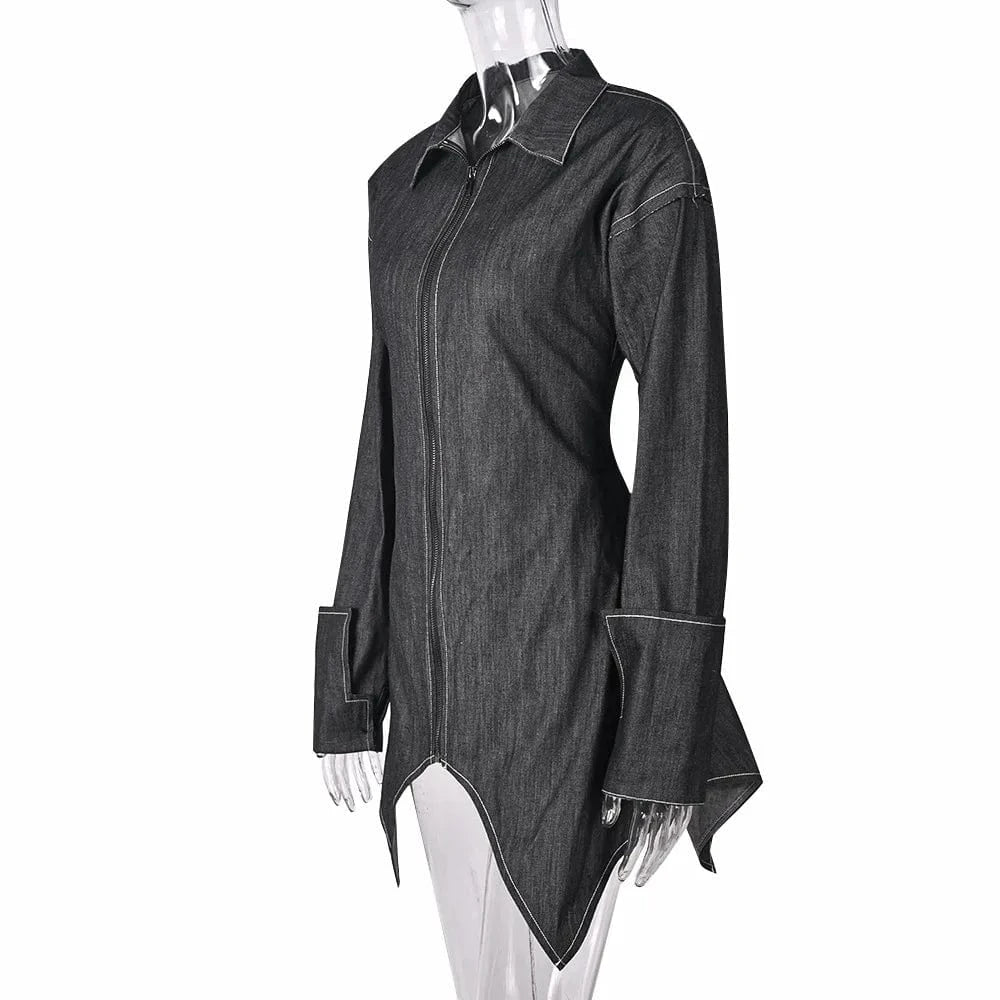 9866dhd New Sexy Elegant Women's Denim Dress Slim Long Sleeve Asymmetrical Shirt Collar Zipper Denim Dress For Lady Women