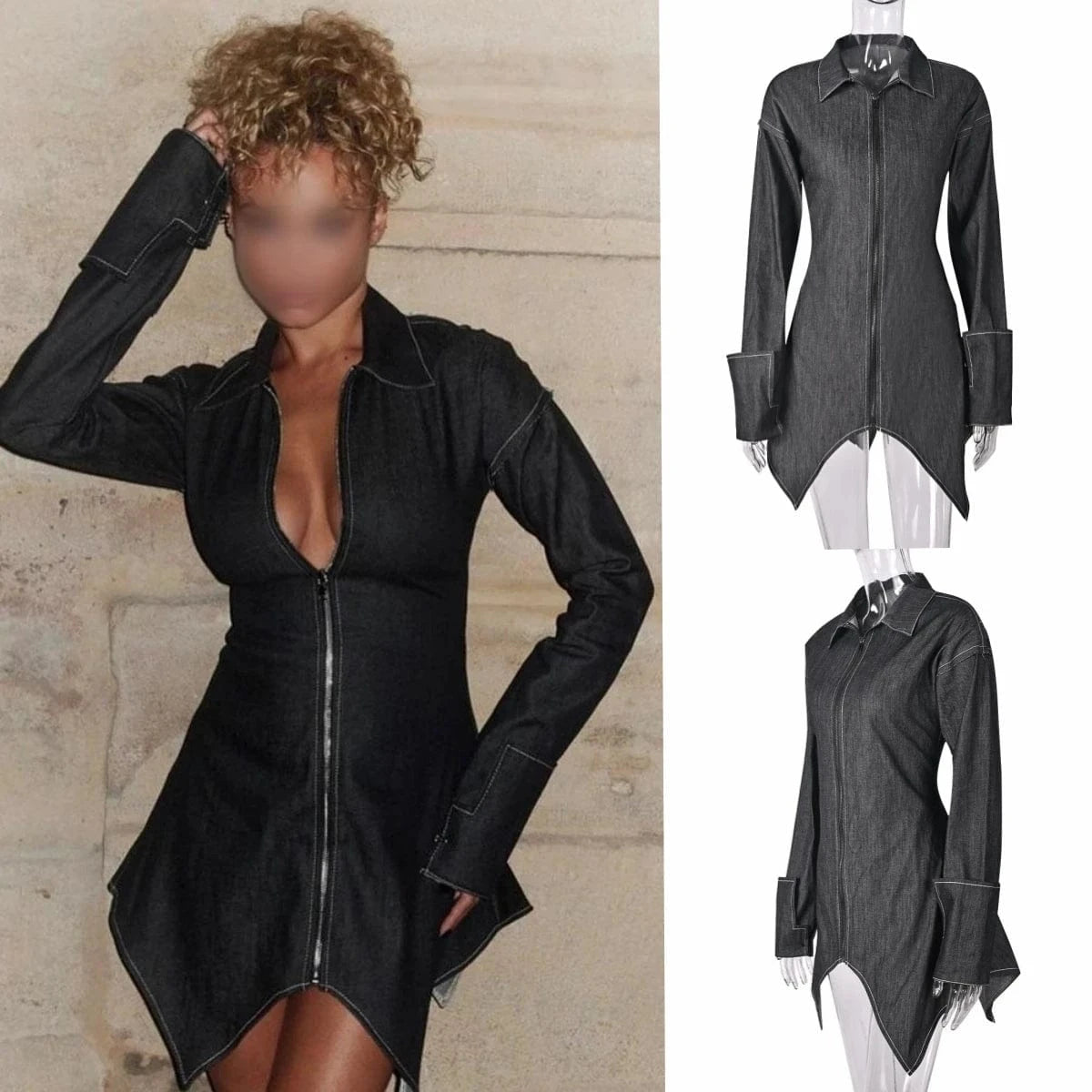 9866dhd New Sexy Elegant Women's Denim Dress Slim Long Sleeve Asymmetrical Shirt Collar Zipper Denim Dress For Lady Women
