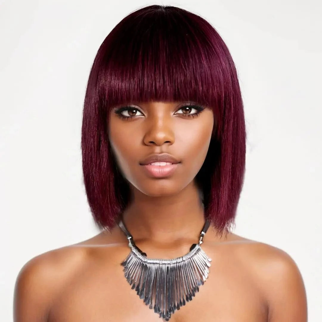 #99J / 12 Inches #99J Color Straight  Hair Machine Made Wig 100% Remy Human Hair Glueless Wig 180% Density Brazilian Hair