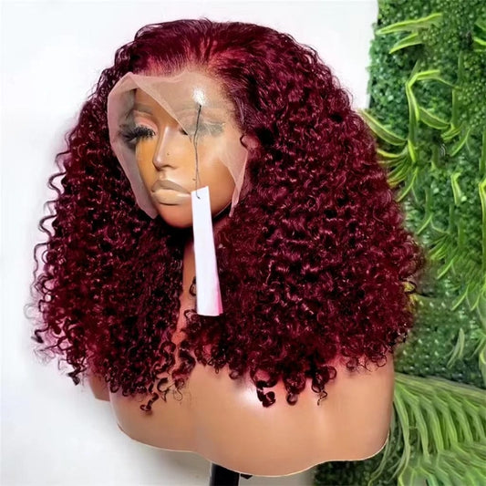 99J burgundy red color curly wigs water wave 13x4 lace front human hair short bob human hair wigs woman