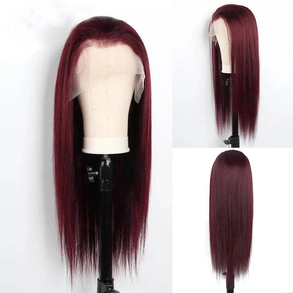 99J Straight / 8 Inches / 13x4 Burgundy Red Color Body Wave Cuticle Aligned Human Hair Transparent Lace Front Wigs for Women