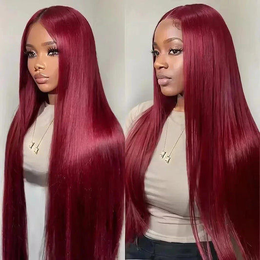 #99J / United States / 34inches|200%|13x6 99J Colored Lace Front Human Hair Wigs Straight Burgundy 13x4 HD Transparent Full Lace Frontal Wig Red Glueless Wigs For Women