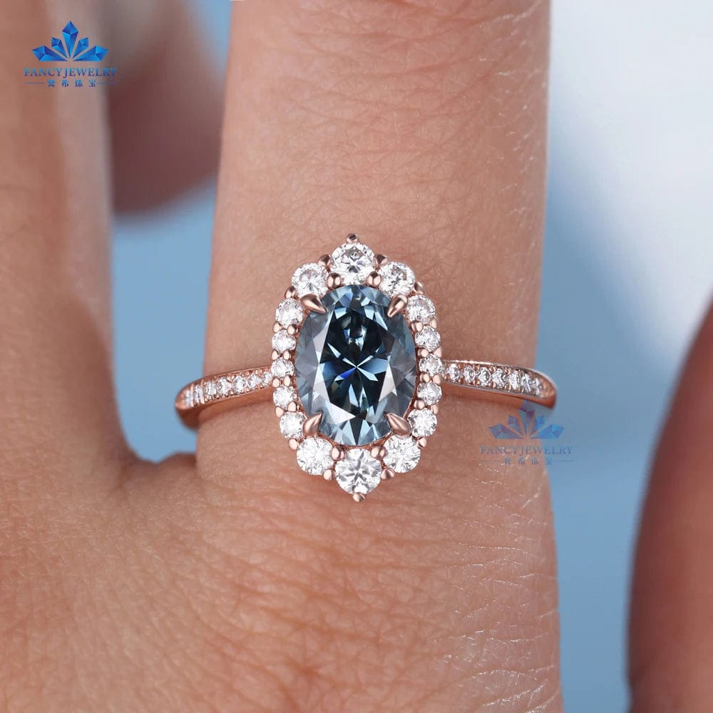 9K 10K 14K 18K Solid Gold Jewelry Hola Oval Moissanite Ring Engagement 1.5ct Blue-grey Moissanite Wedding Rings