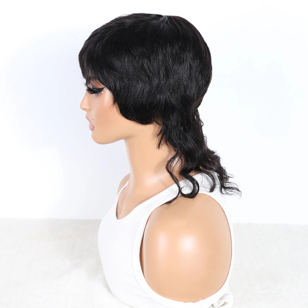 Body Wave Remy Hair Mullet with Bangs Wig for Women