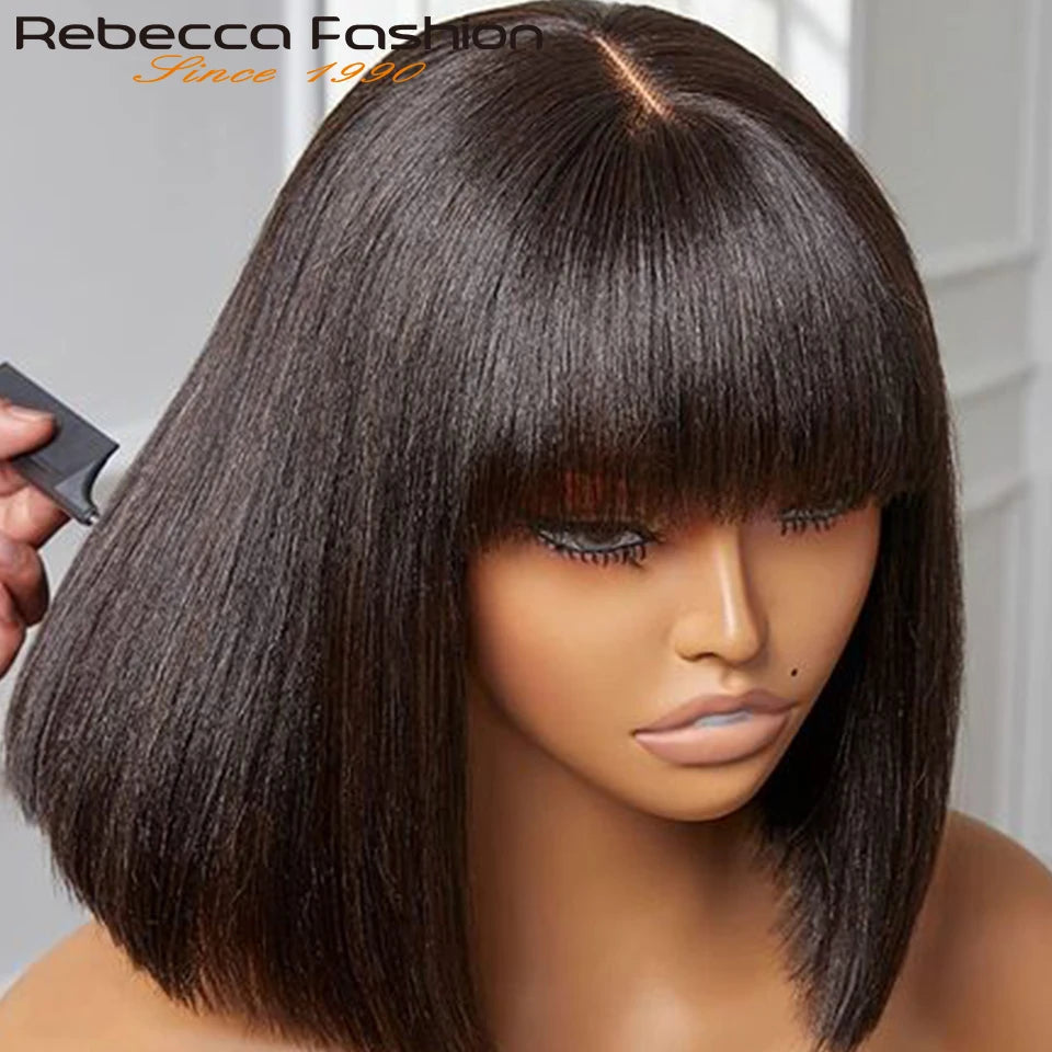 Straight Brazilian Human Hair Bob Wig With Bangs for Women