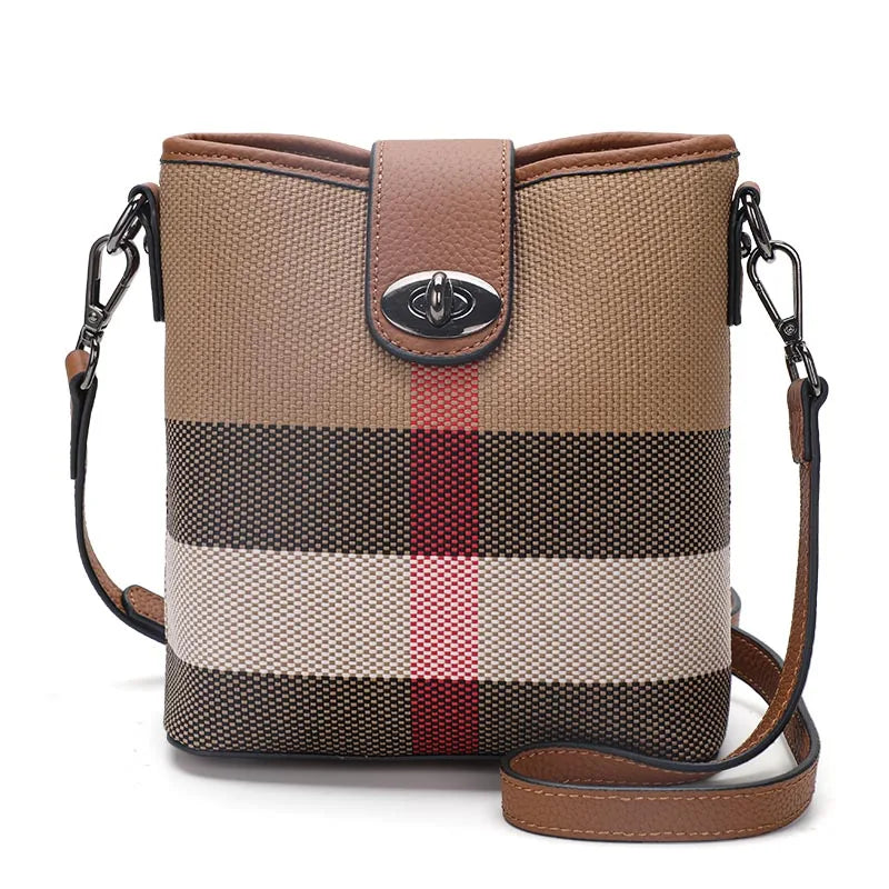 Elegant Plaid Genuine Leather Bucket Bag for Women
