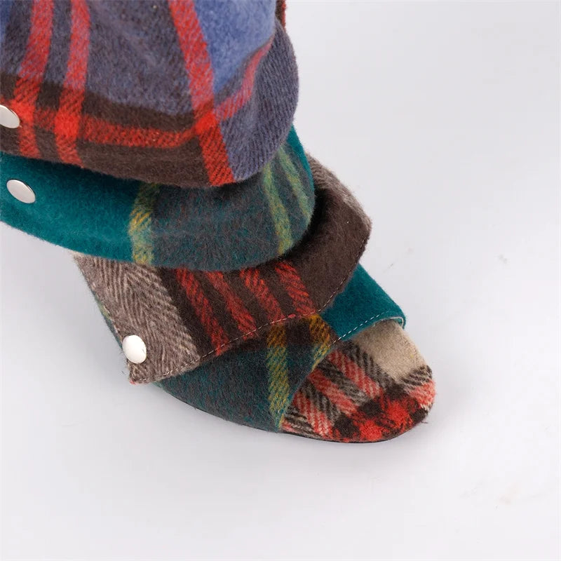 Pleated Plaid Ruched Peep Toe Ankle Boots for Women