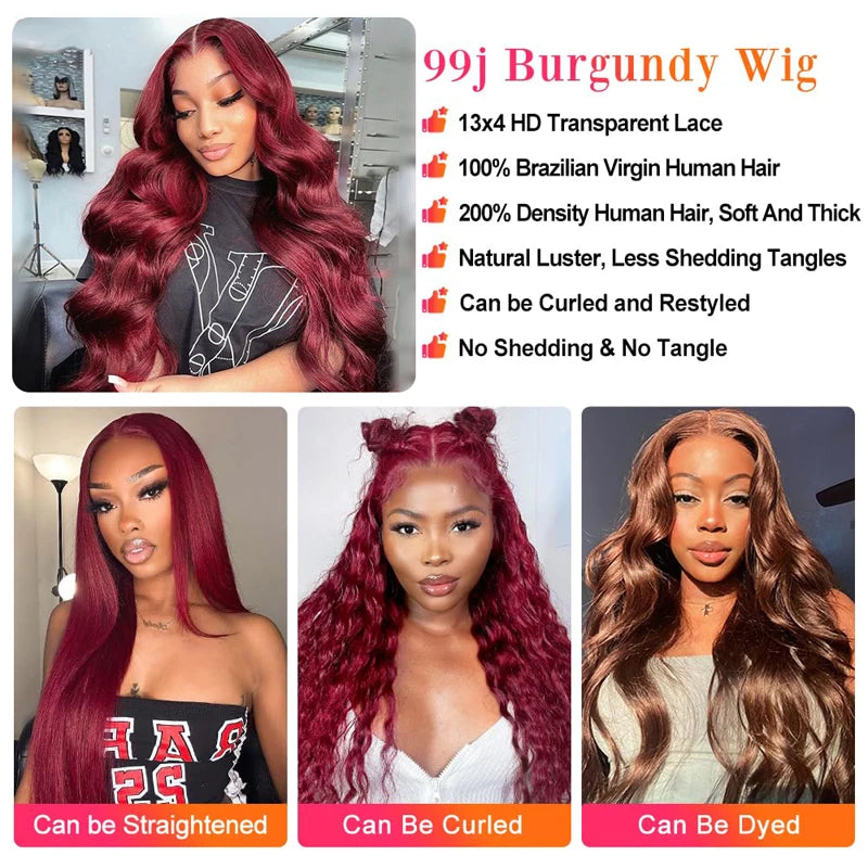 Burgundy Body Wave Lace Front Human Hair Wig for Women