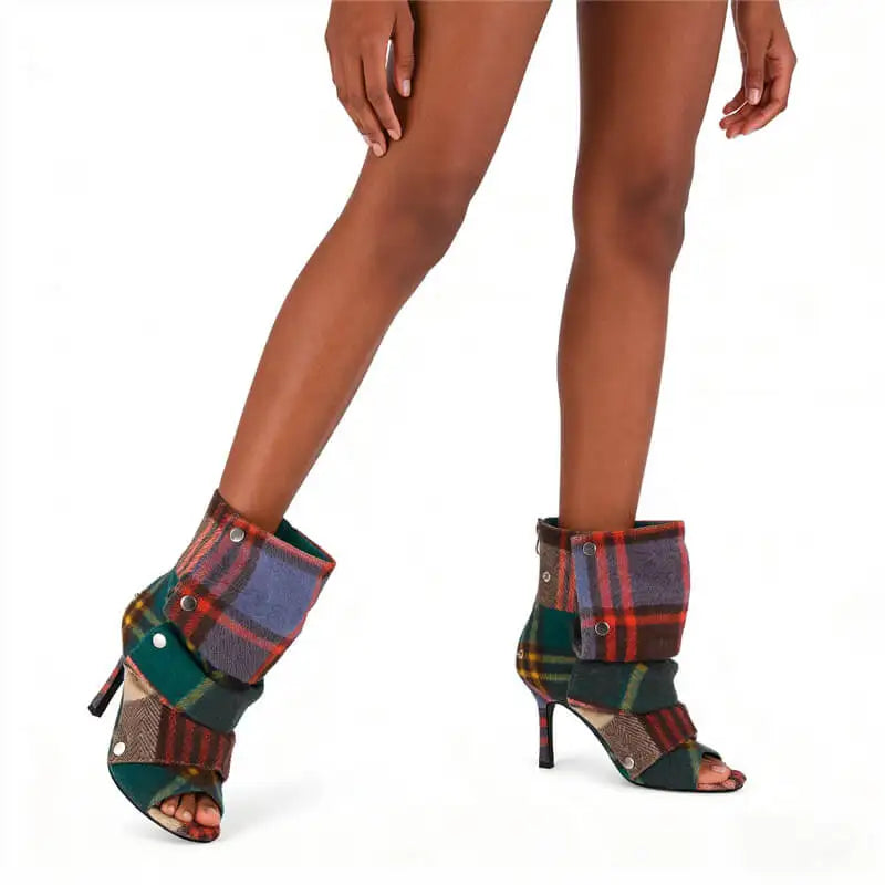 Pleated Plaid Ruched Peep Toe Ankle Boots for Women