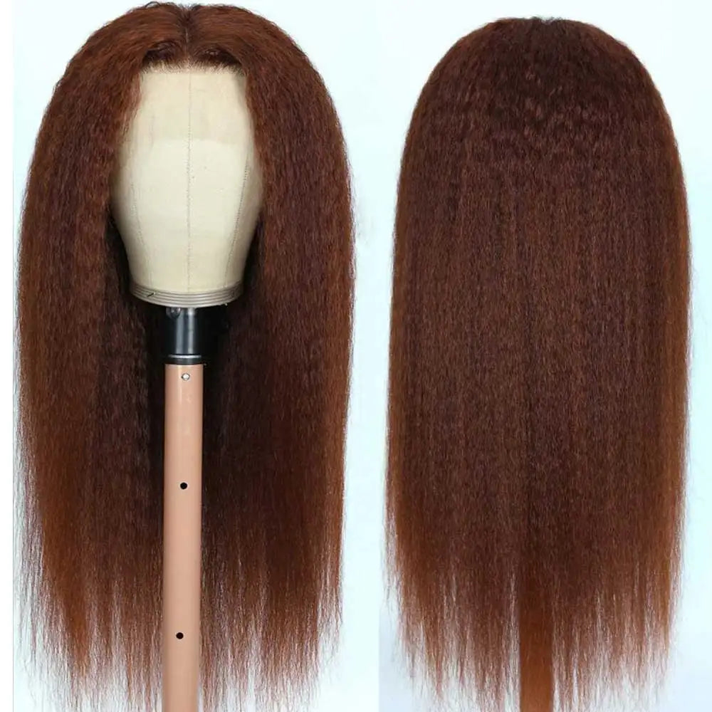 Chocolate Brown Kinky Straight Lace Front Human Hair Wig For Women