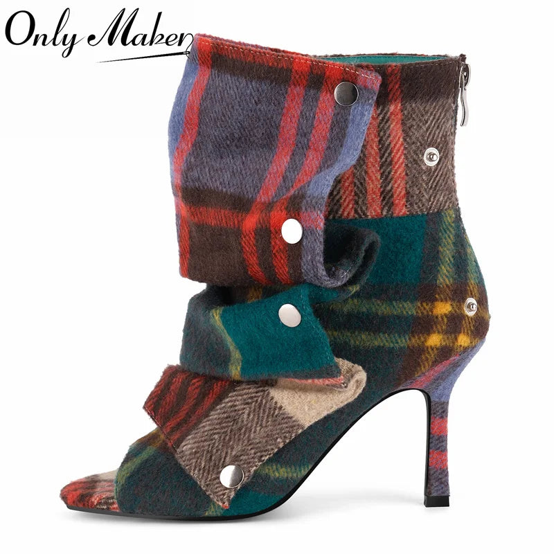 Pleated Plaid Ruched Peep Toe Ankle Boots for Women
