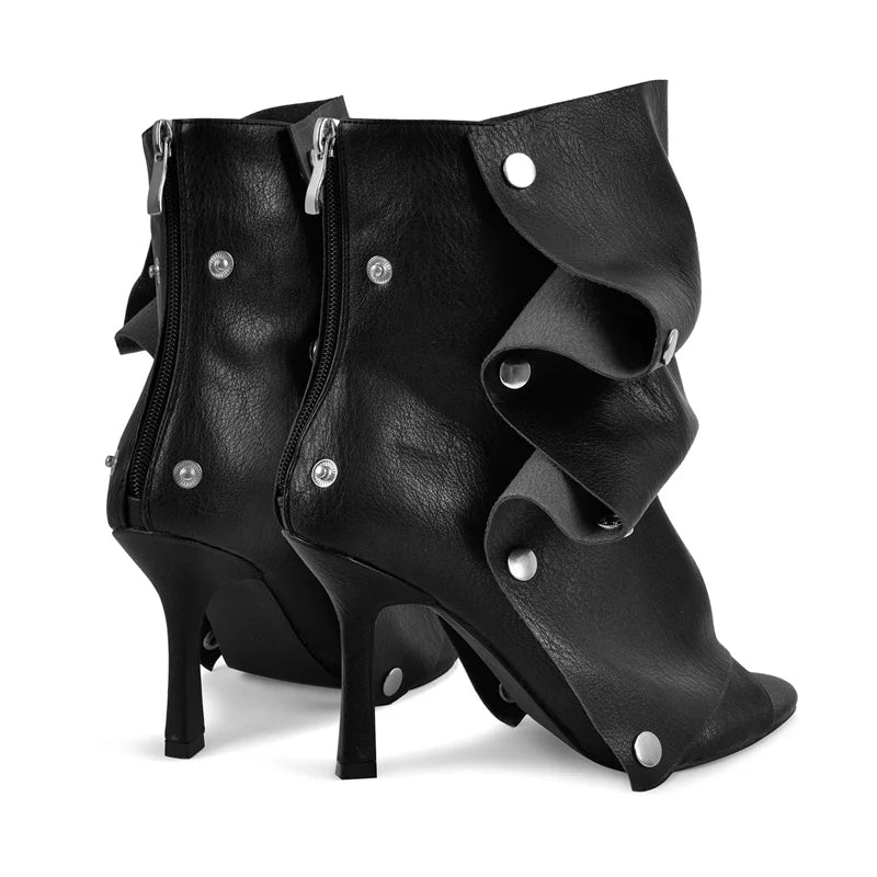 Pleated Plaid Ruched Peep Toe Ankle Boots for Women