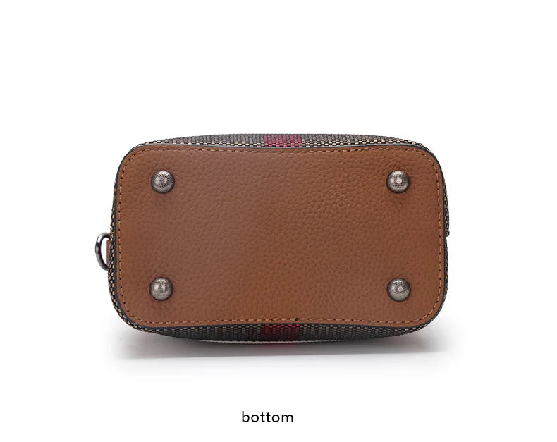 Elegant Plaid Genuine Leather Bucket Bag for Women