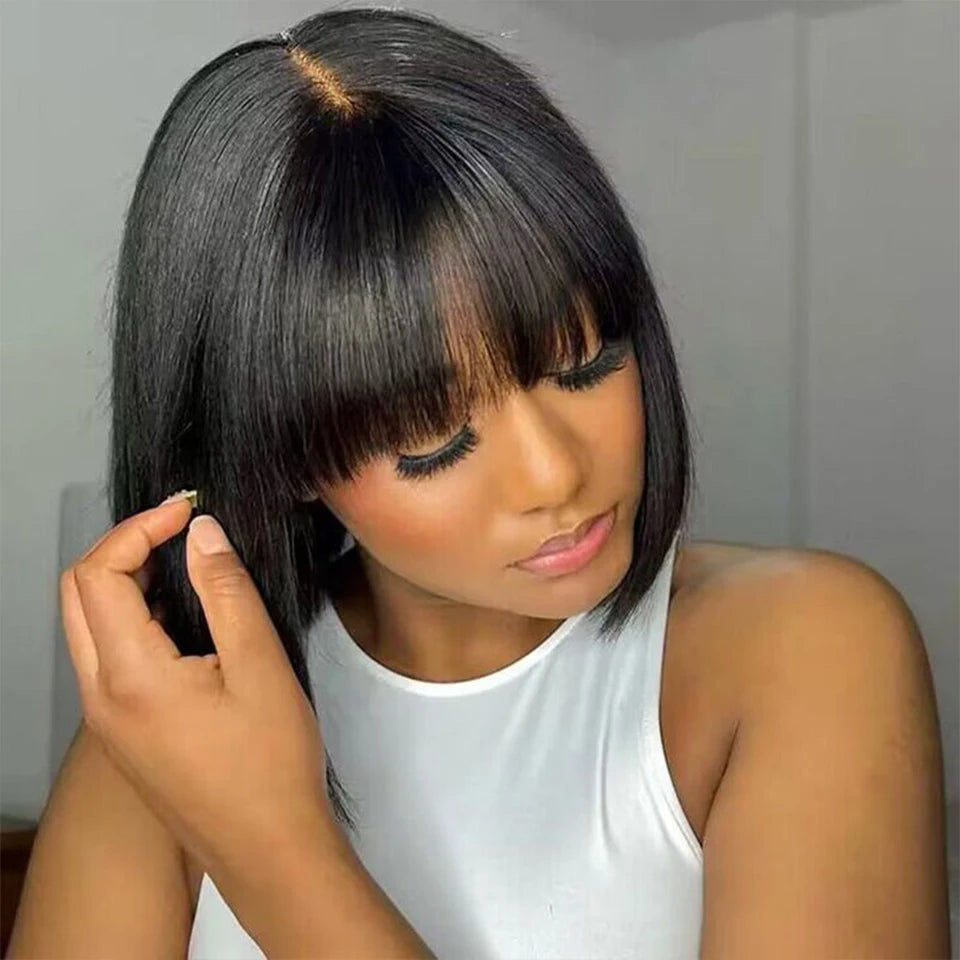 Straight Brazilian Human Hair Bob Wig With Bangs for Women