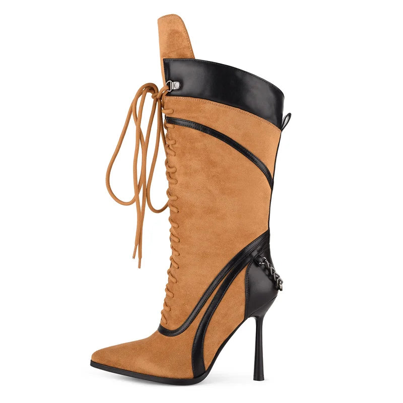 Pointed Toe Lace Up Stiletto Mid Calf Boots for Women