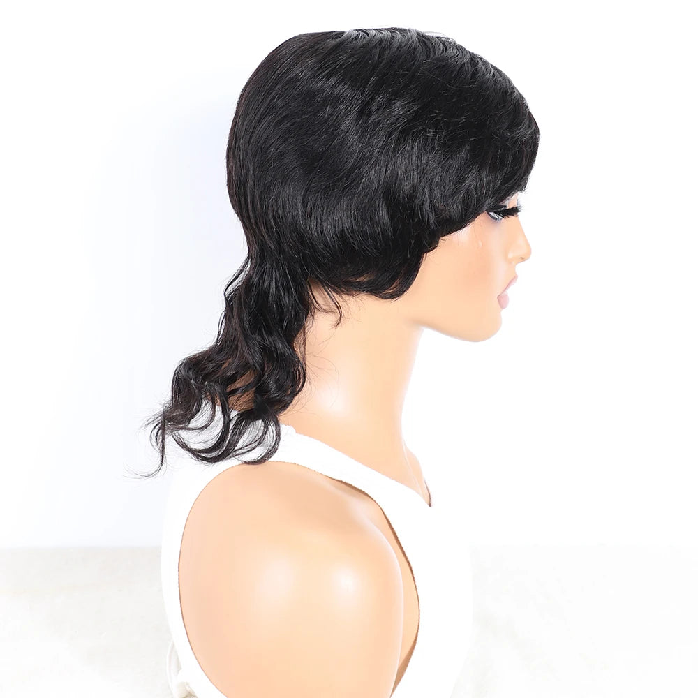Body Wave Remy Hair Mullet with Bangs Wig for Women