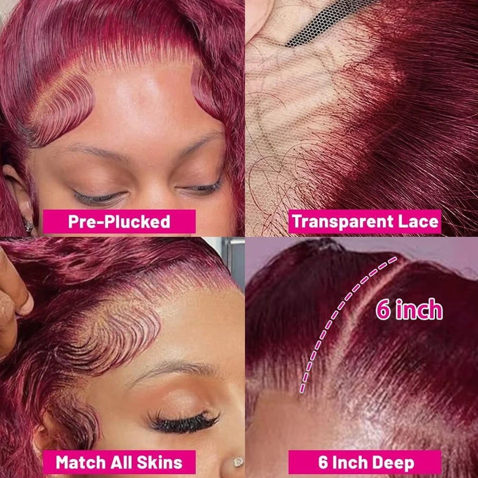 Burgundy Deep Wave Lace Front Brazilian Hair Wig for Women