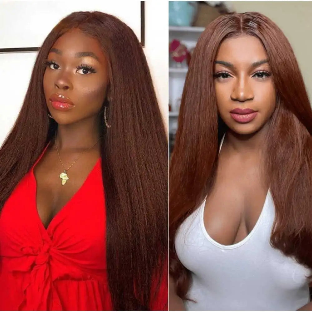 Chocolate Brown Kinky Straight Lace Front Human Hair Wig For Women