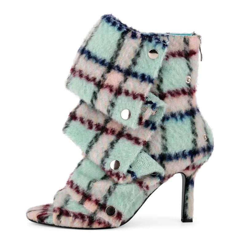 Pleated Plaid Ruched Peep Toe Ankle Boots for Women