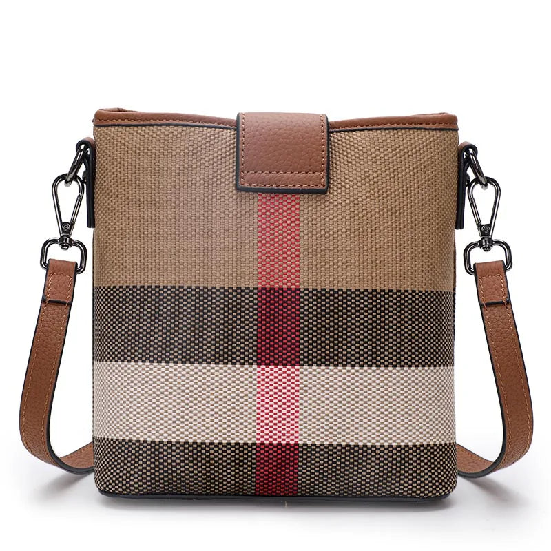 Elegant Plaid Genuine Leather Bucket Bag for Women