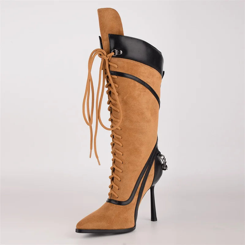 Pointed Toe Lace Up Stiletto Mid Calf Boots for Women
