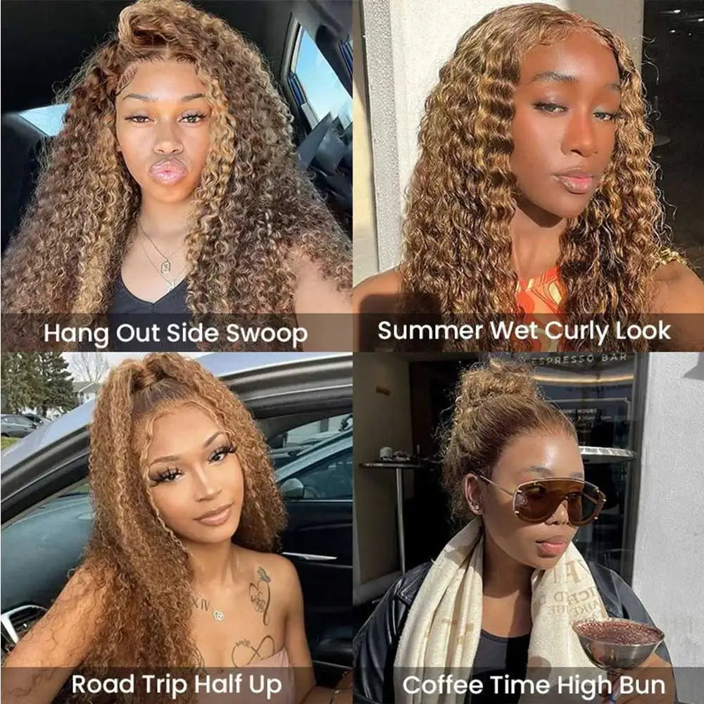 Honey Blonde Highlight Deep Wave Glueless Lace Front Wig for Women