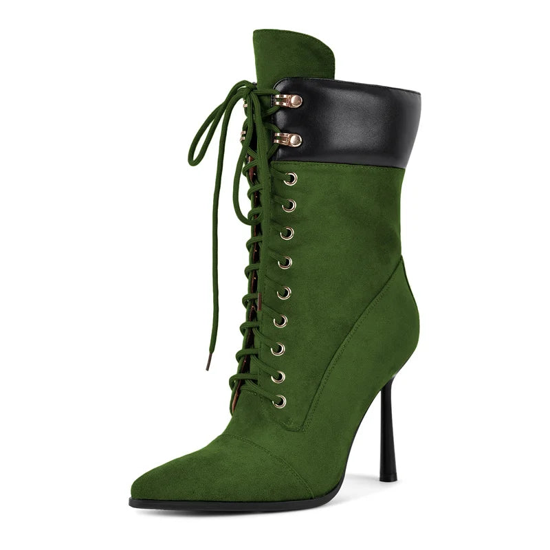 Pointed Toe Lace Up Stiletto Mid Calf Boots for Women