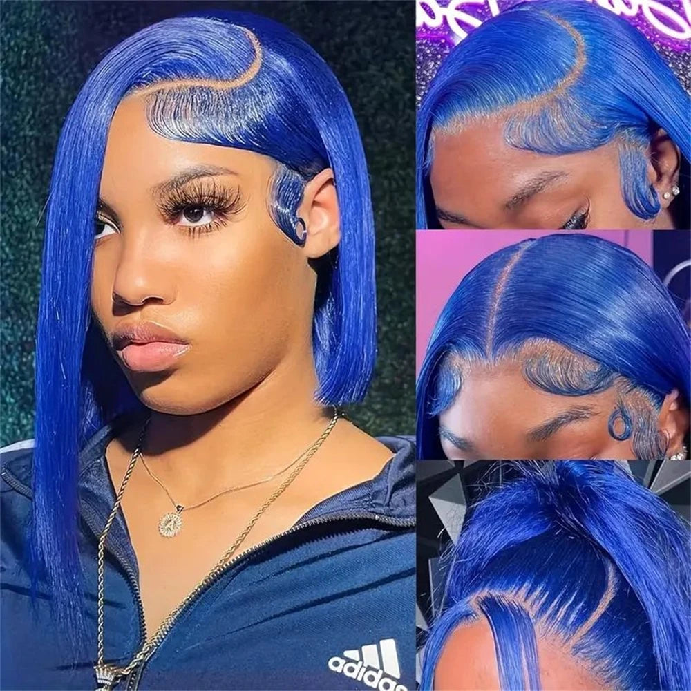 Navy Blue Straight Lace Front Bob Human Hair Wig For Women