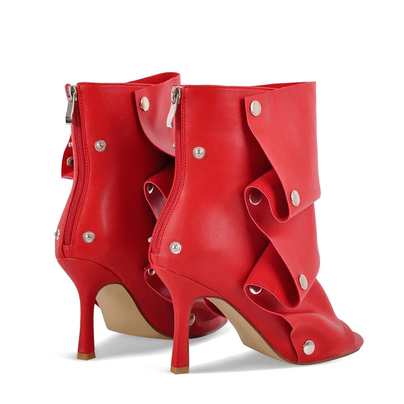 Pleated Plaid Ruched Peep Toe Ankle Boots for Women