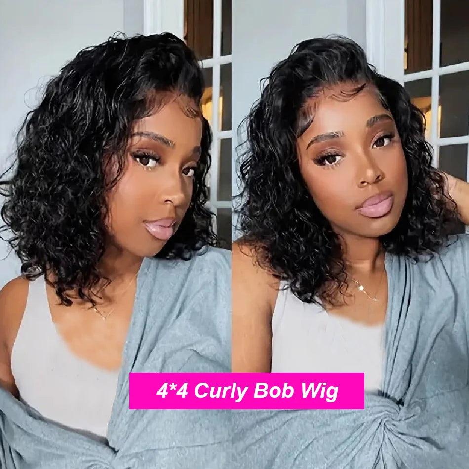 Kinky Curly Human Hair Glueless Lace Front Bob Wig for Women